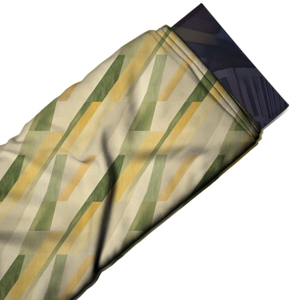 Pale Cream & Olive Green Overlapping Slanted Bands Printed Pure Natural Crepe Fabric