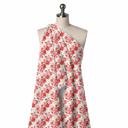 Pale Cream & Rose Pink Coral & Pink Roses Printed Armani Satin Fabric