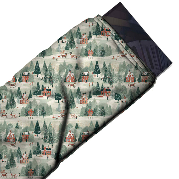 Pale Cream & Sage Green Winter Forest Cottages Printed Printed American Crepe Fabric Fabric