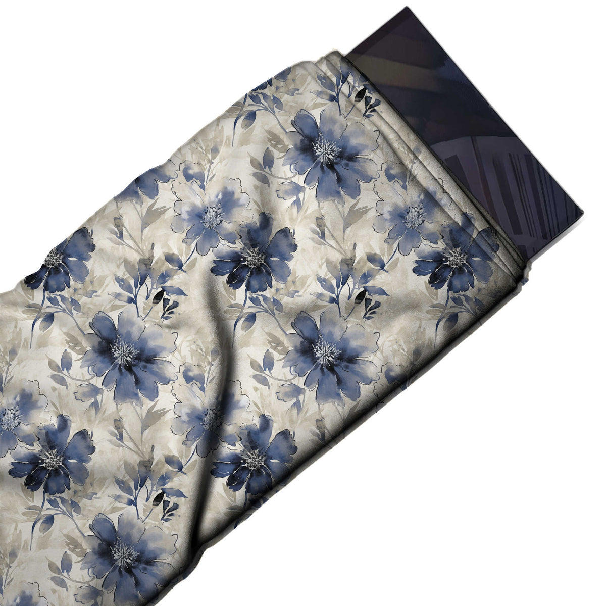 Pale Cream & Slate Blue Cosmos Printed Moss Crepe Fabric - flat fabric swatch, design Design No_3831, Clothwala