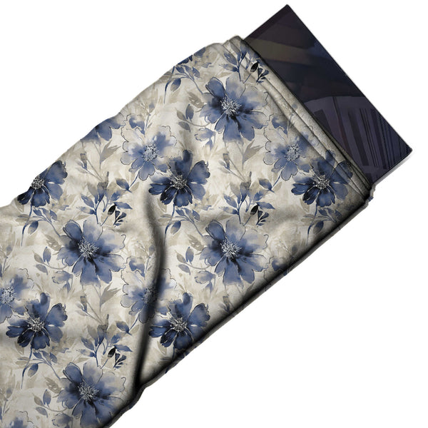 Pale Cream & Slate Blue Cosmos Printed Moss Crepe Fabric