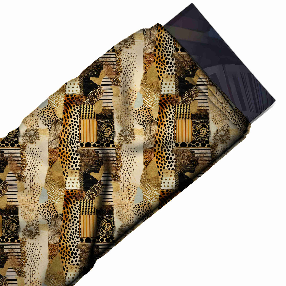 Pale Gold Beige & Ochre Cheetah Strip Collage Printed Moss Crepe Fabric - flat fabric swatch, design Design No_3751, Clothwala