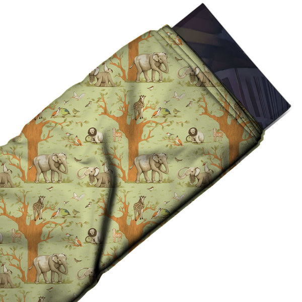 Pale Green & Orange Storybook Elephant & Tree Printed Moss Crepe Fabric