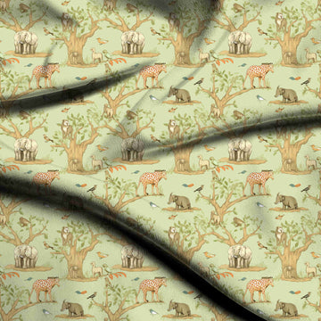 Pale Green & Tan Brown Elephant Monkey & Tree Printed Spandex Fabric