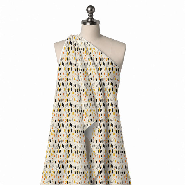 Draped on a mannequin: small-scale spaced print of upright leaf-shaped dabs in black, design Design No_4089, Clothwala