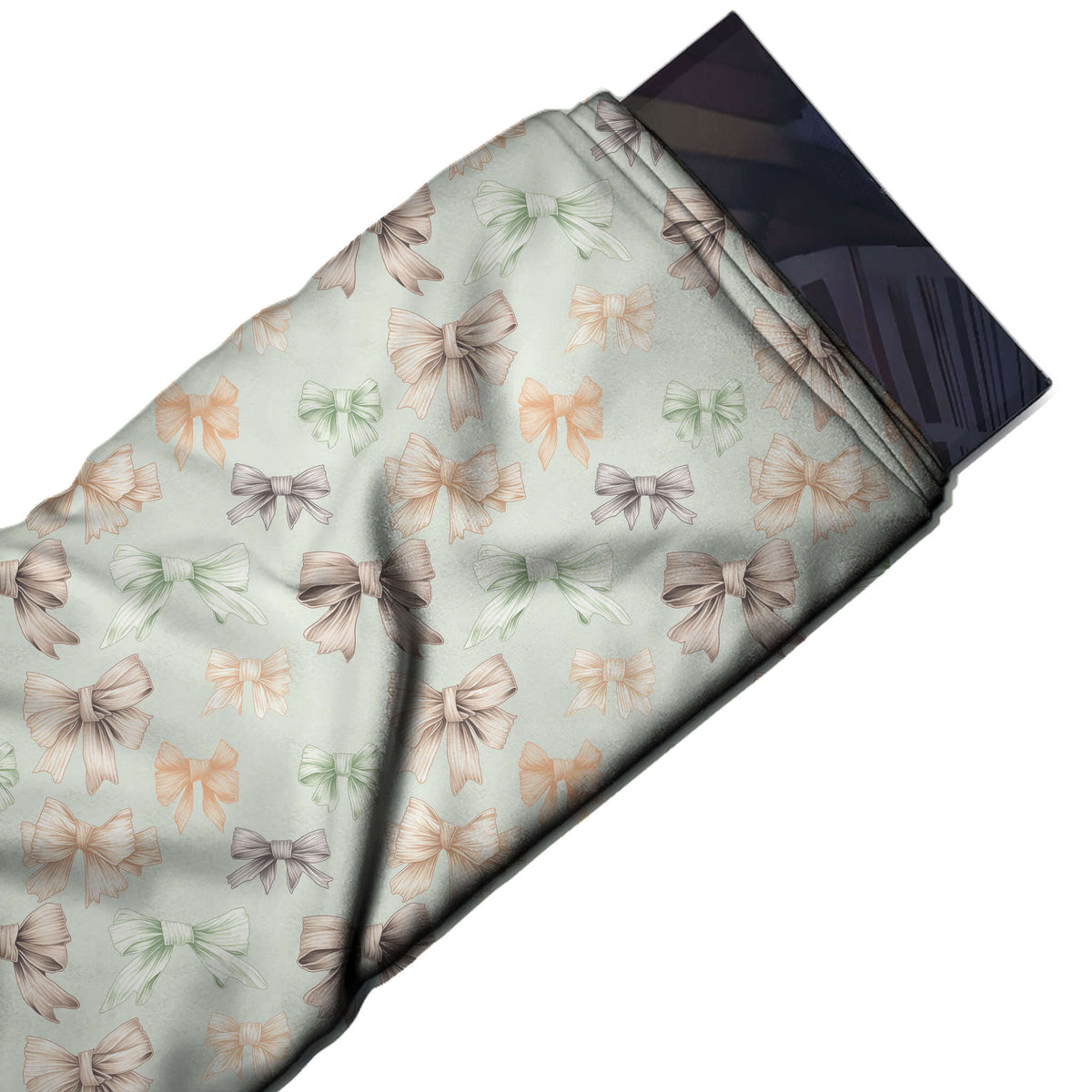 Flat fabric swatch: spaced all-over layout of medium and small finely line-shaded bows in, design Design No_4401, Clothwala