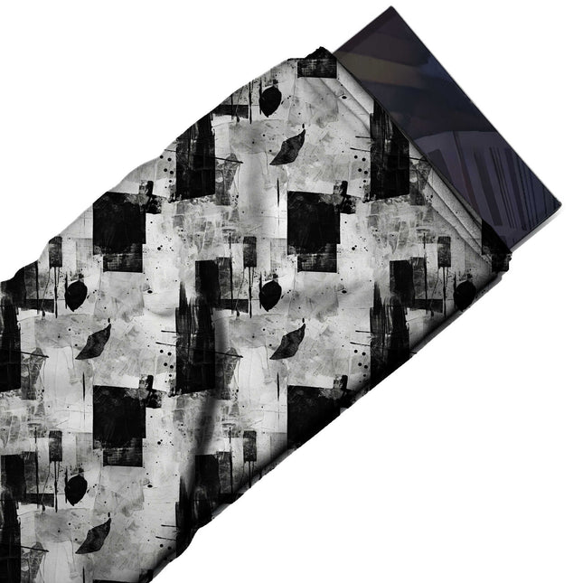 Flat fabric swatch: all-over monochrome collage of textured black squares and tall, design Design No_4056, Clothwala