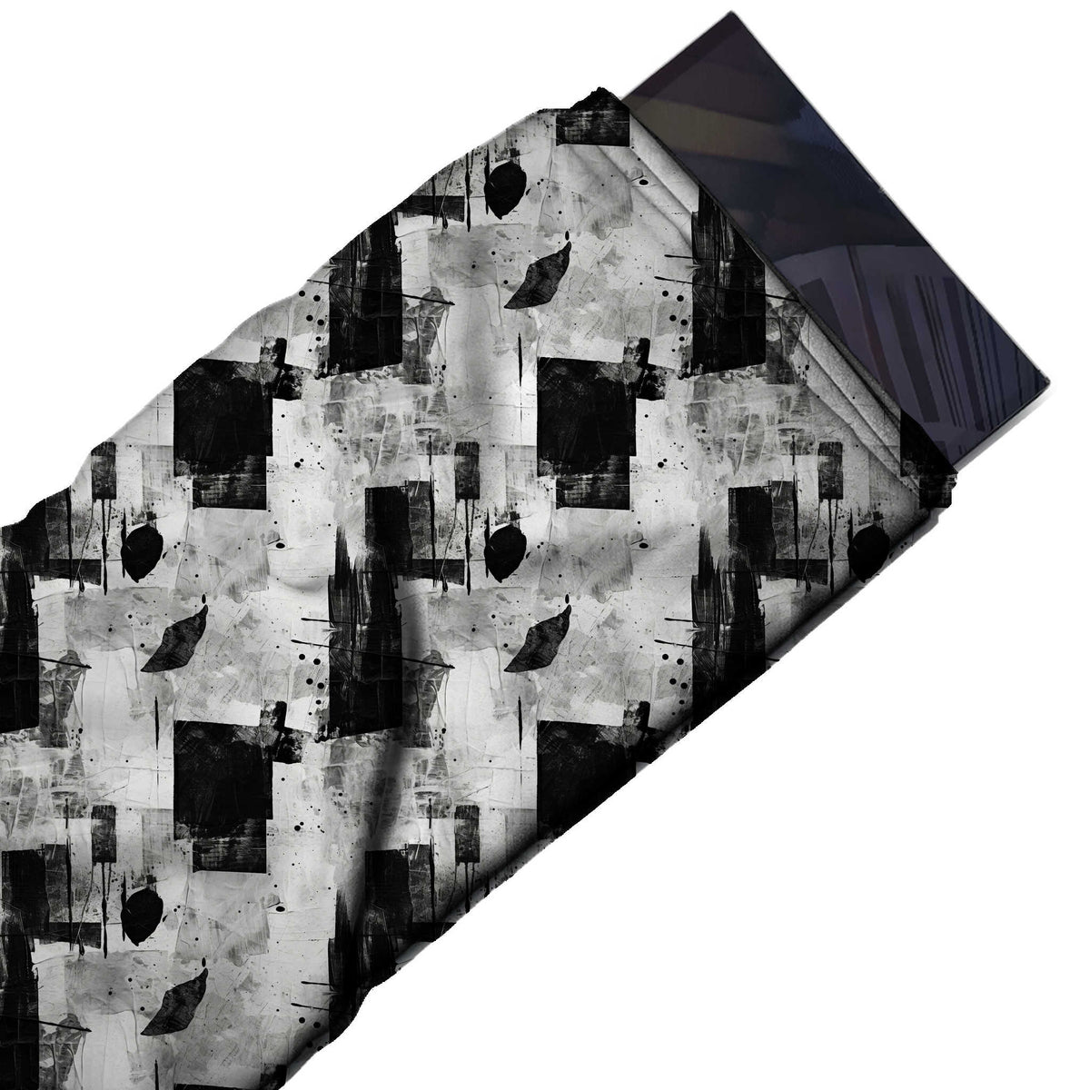 Flat fabric swatch: all-over monochrome collage of textured black squares and tall, design Design No_4056, Clothwala