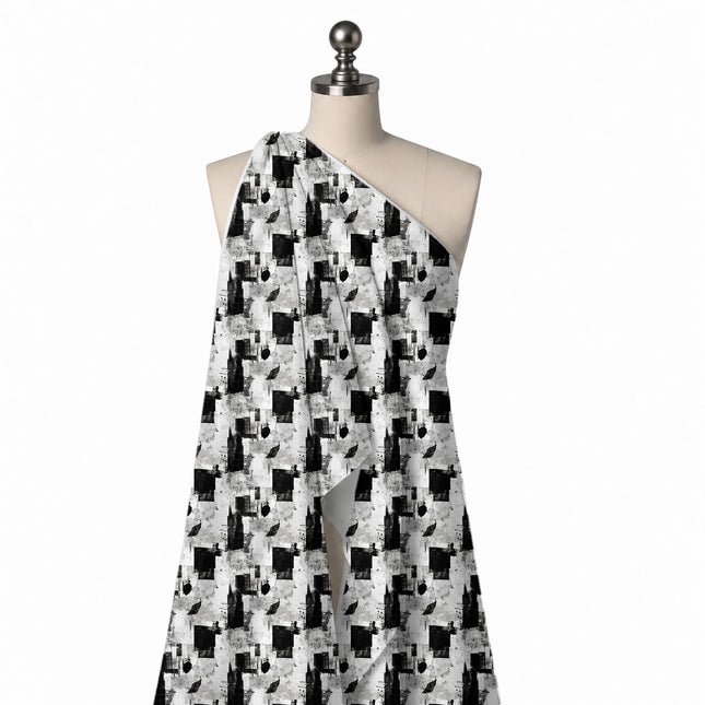 Draped on a mannequin: all-over monochrome collage of textured black squares and tall, design Design No_4056, Clothwala