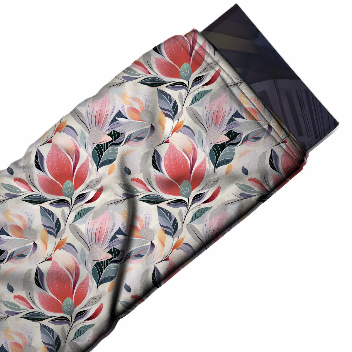 Flat fabric swatch: all-over one-way floral of large upright coral pink magnolia-style blooms, design 3576, Clothwala