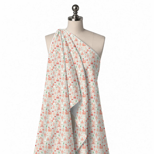 Draped on a mannequin: all-over one-way novelty print of peach and coral red gingerbread, design Design No_4945, Clothwala