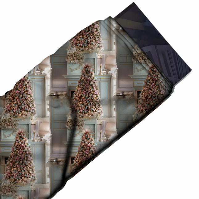 Flat fabric swatch: photographic-style repeat of a tall Christmas tree densely covered in, design Design No_4931, Clothwala