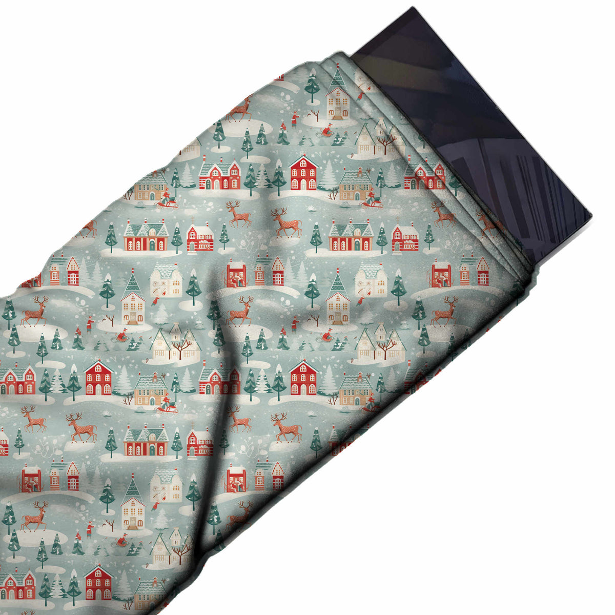 Flat fabric swatch: all-over one-way scenic print of coral red and cream houses, design Design No_4736, Clothwala