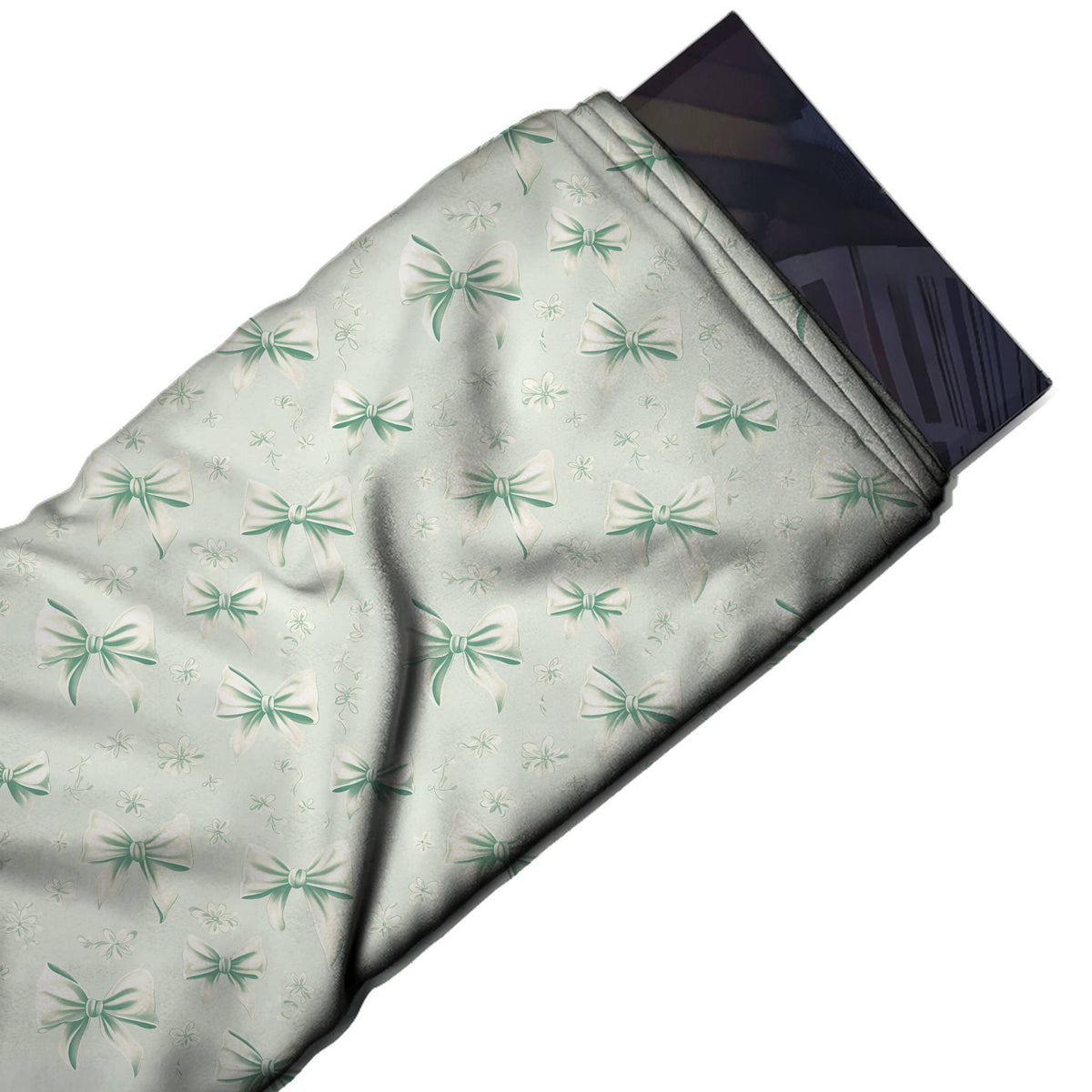 Flat fabric swatch: scattered medium white satin-look bows shaded in mint green, design Design No_4451, Clothwala