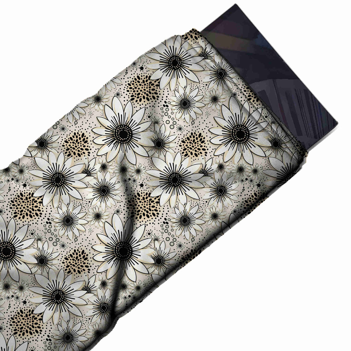 Flat fabric swatch: dense all-over floral of medium and small white daisies outlined in, design Design No_4372, Clothwala