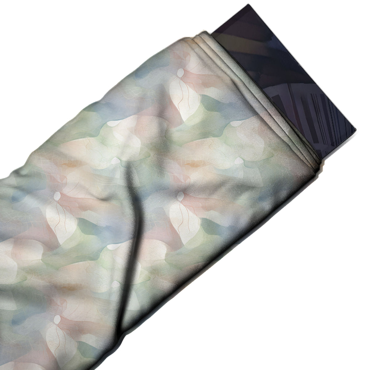 Flat fabric swatch: all-over drifting layout of medium soft-edged wash shapes in pale, design Design No_4231, Clothwala