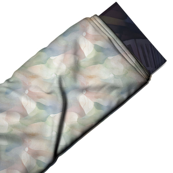 Pale Grey & Pale Sage Flowing Pastel Wash Printed French Crepe Fabric