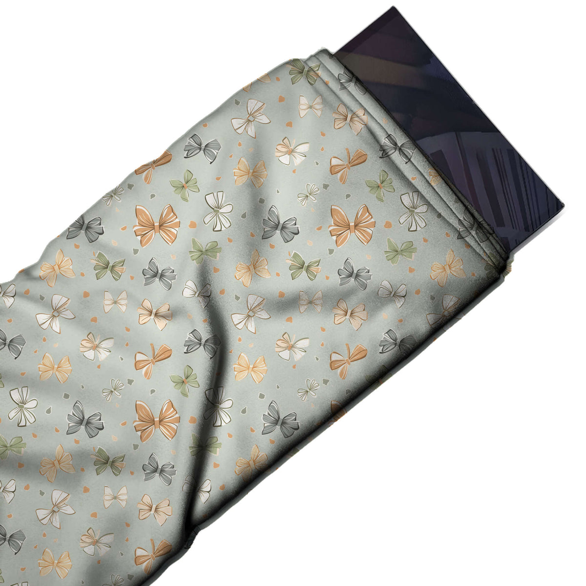 Flat fabric swatch: small-scale tossed layout of sketched ribbon bows in orange, peach, design Design No_4394, Clothwala