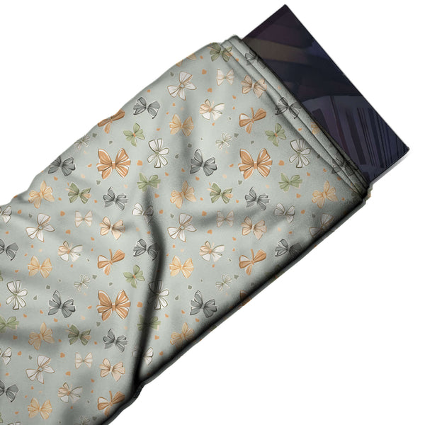 Pale Grey & Peach Orange Tossed Mini Bows Printed Pure Natural Crepe Fabric