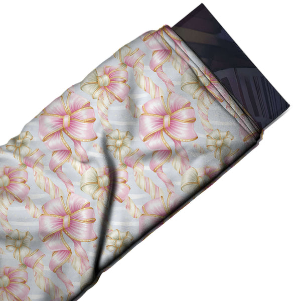 Pale Grey & Pink Gold Edged Pink Bows Printed Printed American Crepe Fabric Fabric