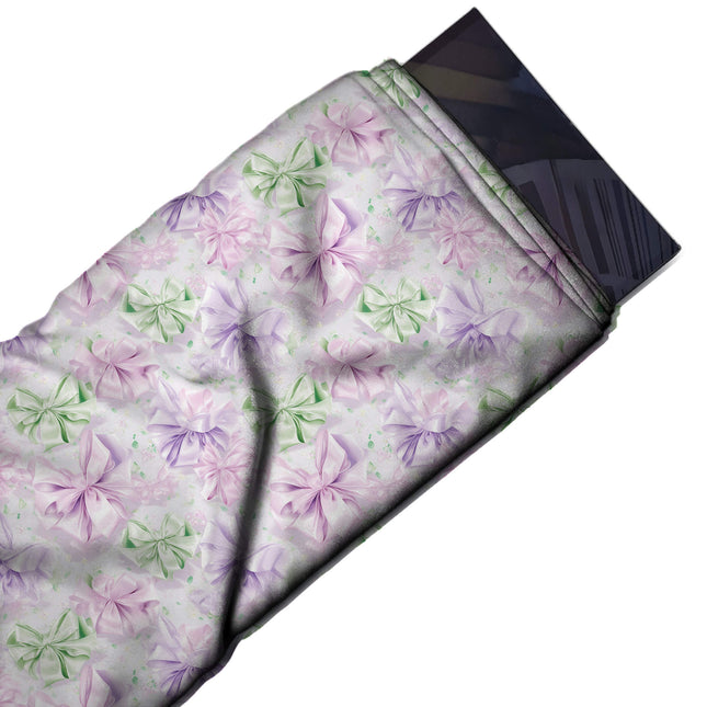Flat fabric swatch: all-over print of medium multi-loop satin rosette bows with a, design Design No_4420, Clothwala