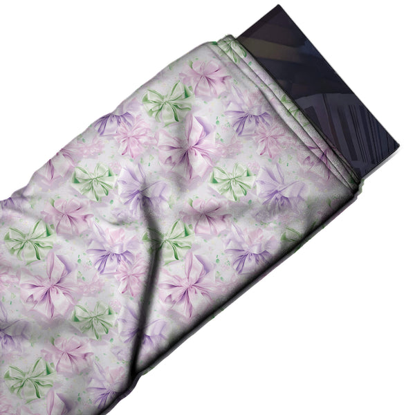 Pale Grey Pink & Pink Lilac Satin Rosette Bows Printed Pure Natural Crepe Fabric