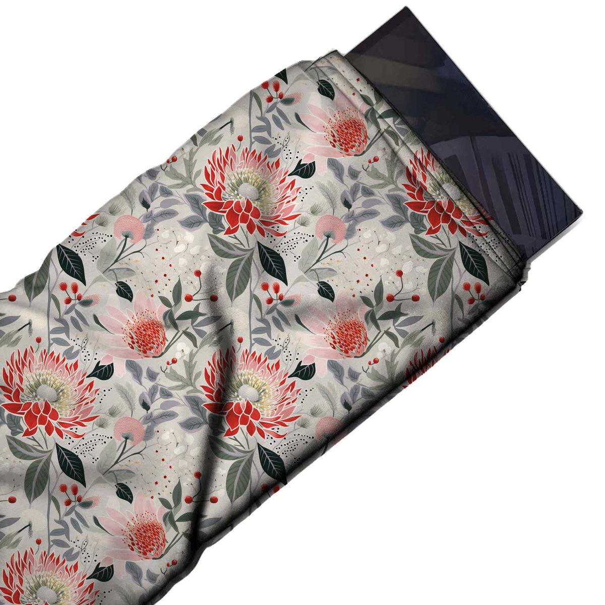Flat fabric swatch: dense all-over one-way floral of red protea-style blooms on upright stems, design 3579, Clothwala