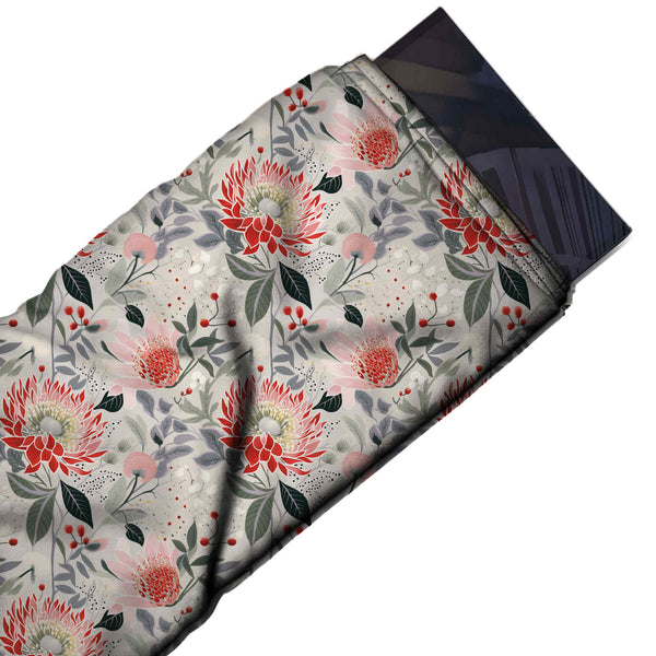 Pale Grey & Red Protea & Berries Printed Armani Satin Fabric