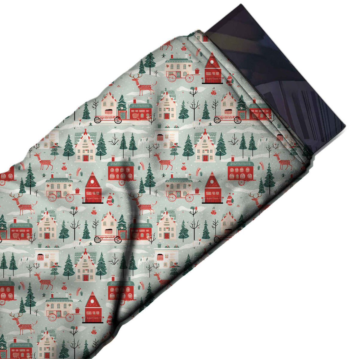 Flat fabric swatch: one-way rows of flat-coloured red and cream gabled houses, design Design No_4753, Clothwala