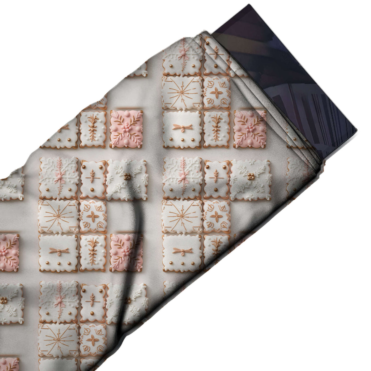 Flat fabric swatch: repeating blocks of photographic square scalloped biscuits iced in, design Design No_4853, Clothwala