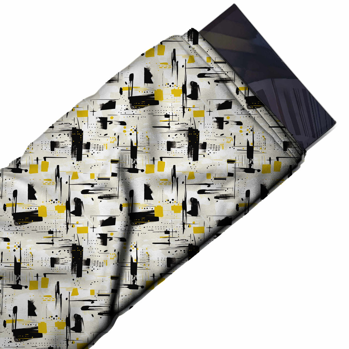 Flat fabric swatch: all-over abstract of black dry-brush dashes and vertical drags with, design Design No_4062, Clothwala