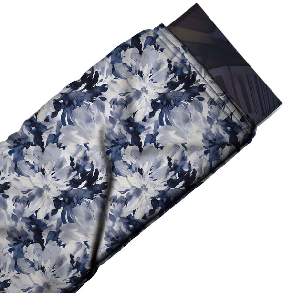 Pale Lavender Grey & Indigo Blurred Indigo Blooms Printed Moss Crepe Fabric