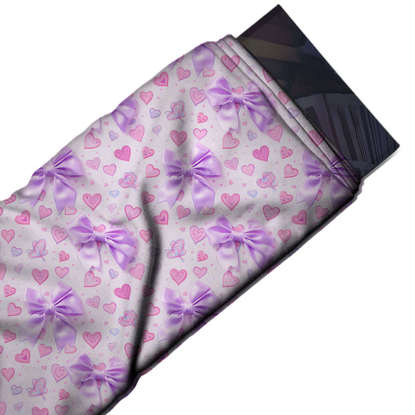 Pale Lilac & Lilac Bows & Doodle Hearts Printed Pure Natural Crepe Fabric