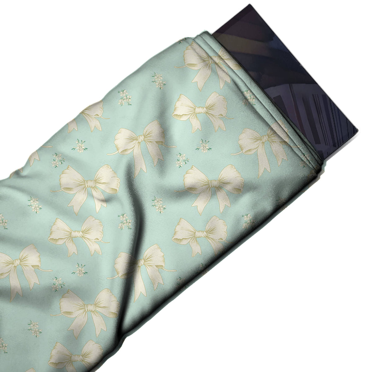 Flat fabric swatch: evenly spaced upright layout of medium cream bows with pale gold, design Design No_4437, Clothwala