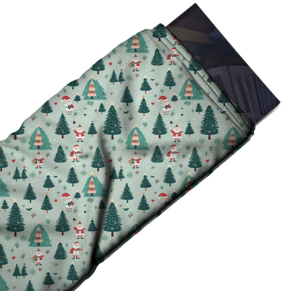 Pale Mint & Dark Teal Santa & Teal Pines Printed Printed American Crepe Fabric Fabric