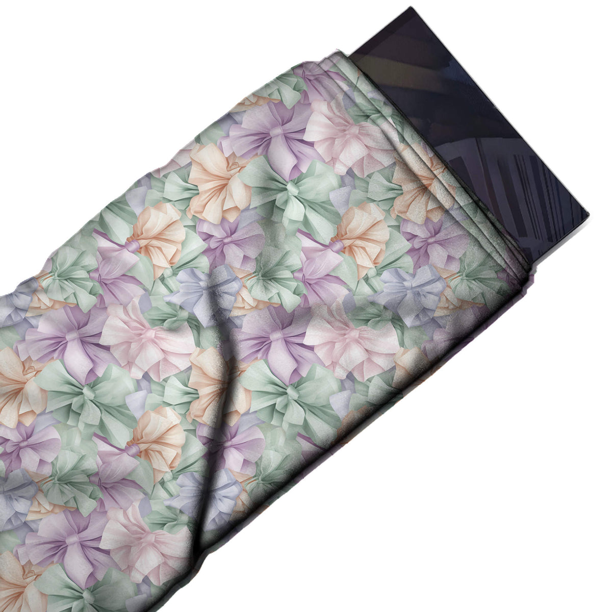 Flat fabric swatch: fully covered all-over print of large softly shaded bows with crisp, design Design No_4428, Clothwala