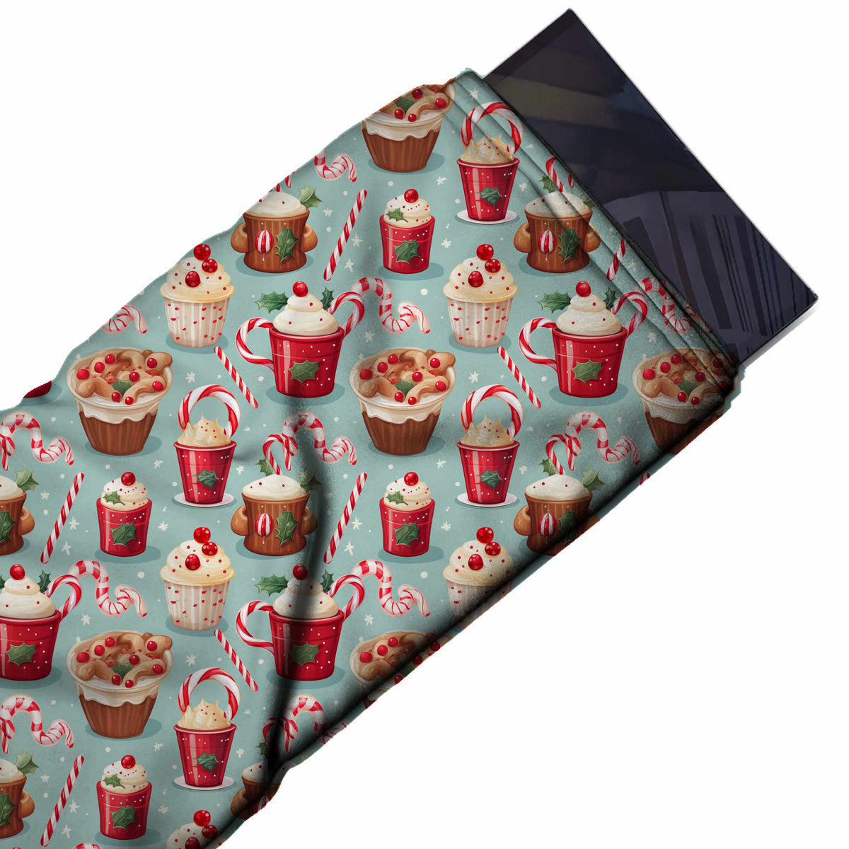 Flat fabric swatch: medium-scale all-over one-way print of shaded red mugs with whipped, design Design No_4719, Clothwala