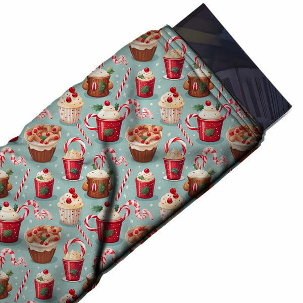 Pale Mint & Red Mugs & Cupcakes Printed Printed American Crepe Fabric Fabric