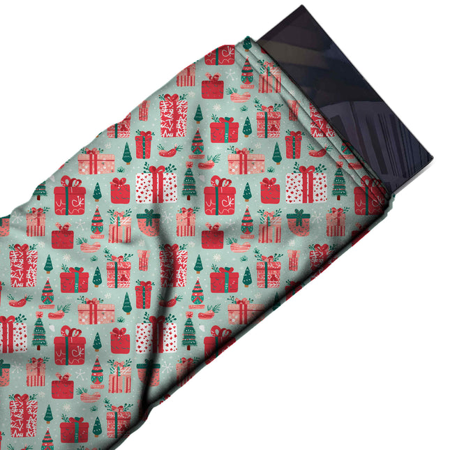 Flat fabric swatch: one-way all-over print of small to medium gift boxes in red, design Design No_4681, Clothwala