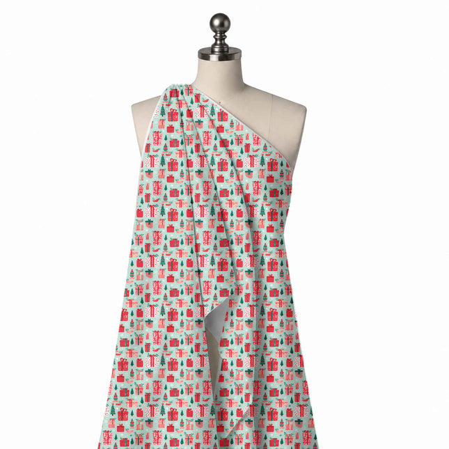 Draped on a mannequin: one-way all-over print of small to medium gift boxes in red, design Design No_4681, Clothwala