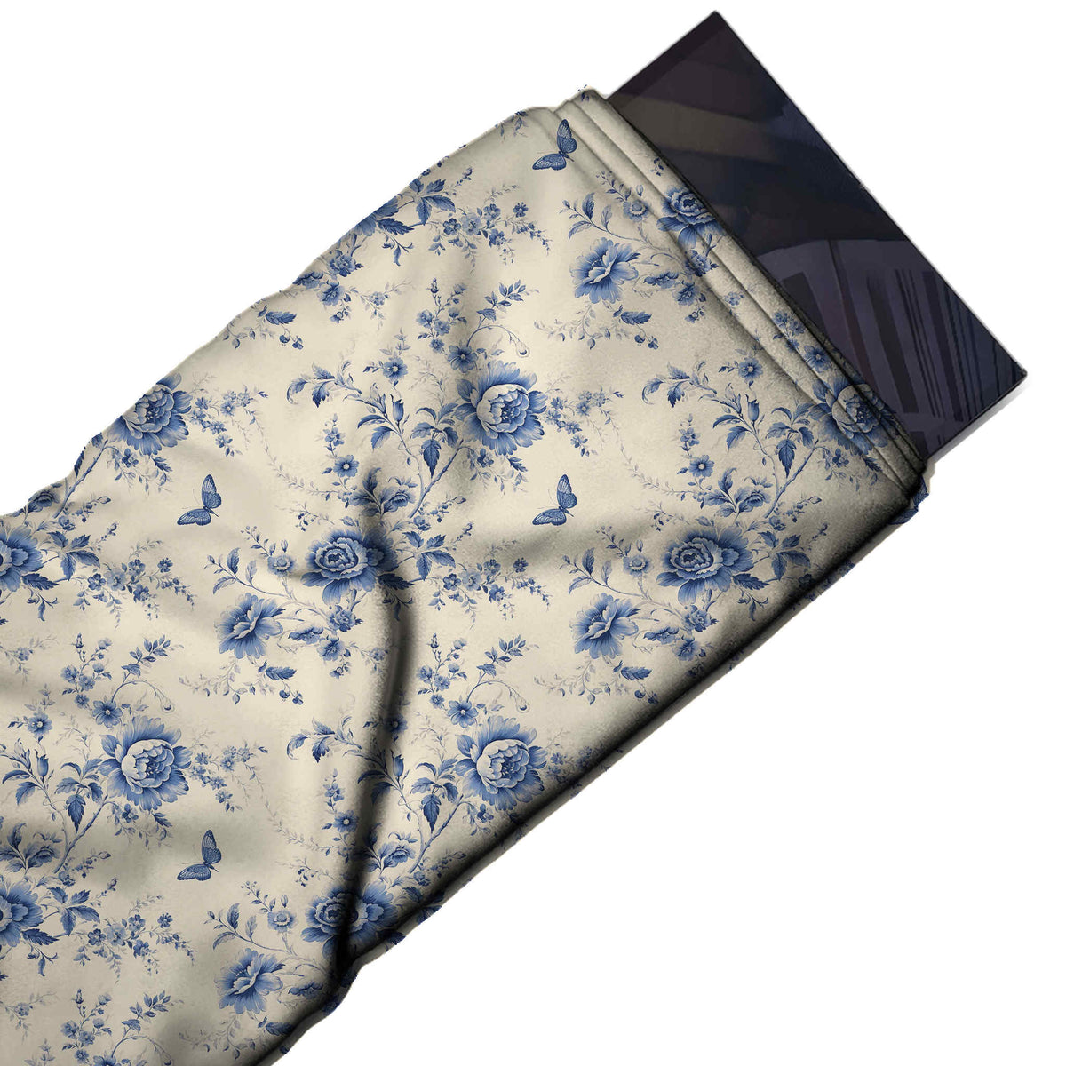 Flat fabric swatch: spaced all-over layout of cornflower and slate blue rose sprays with fine, design 3599, Clothwala