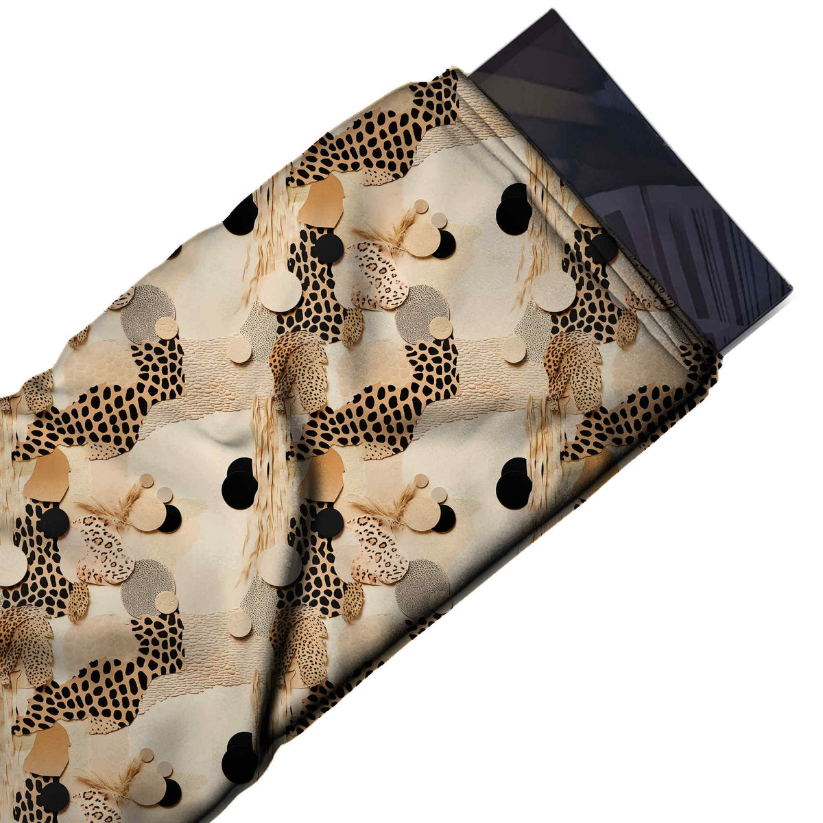 Pale Peach Cream & Black Cheetah Bands & Discs Printed Moss Crepe Fabric - flat fabric swatch, design Design No_3750, Clothwala