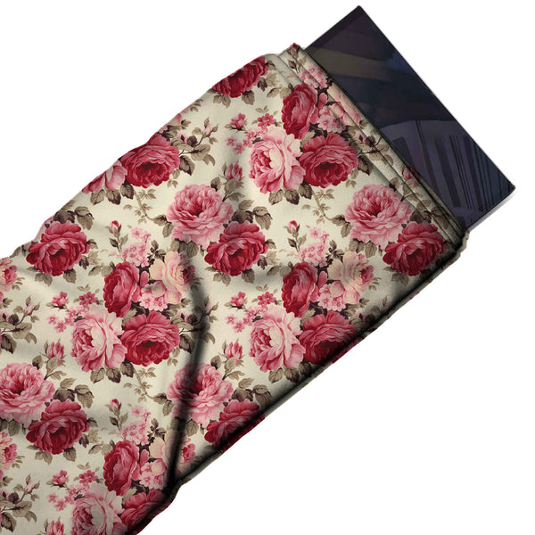 Pale Peach & Crimson & Pink Rose Printed Armani Satin Fabric