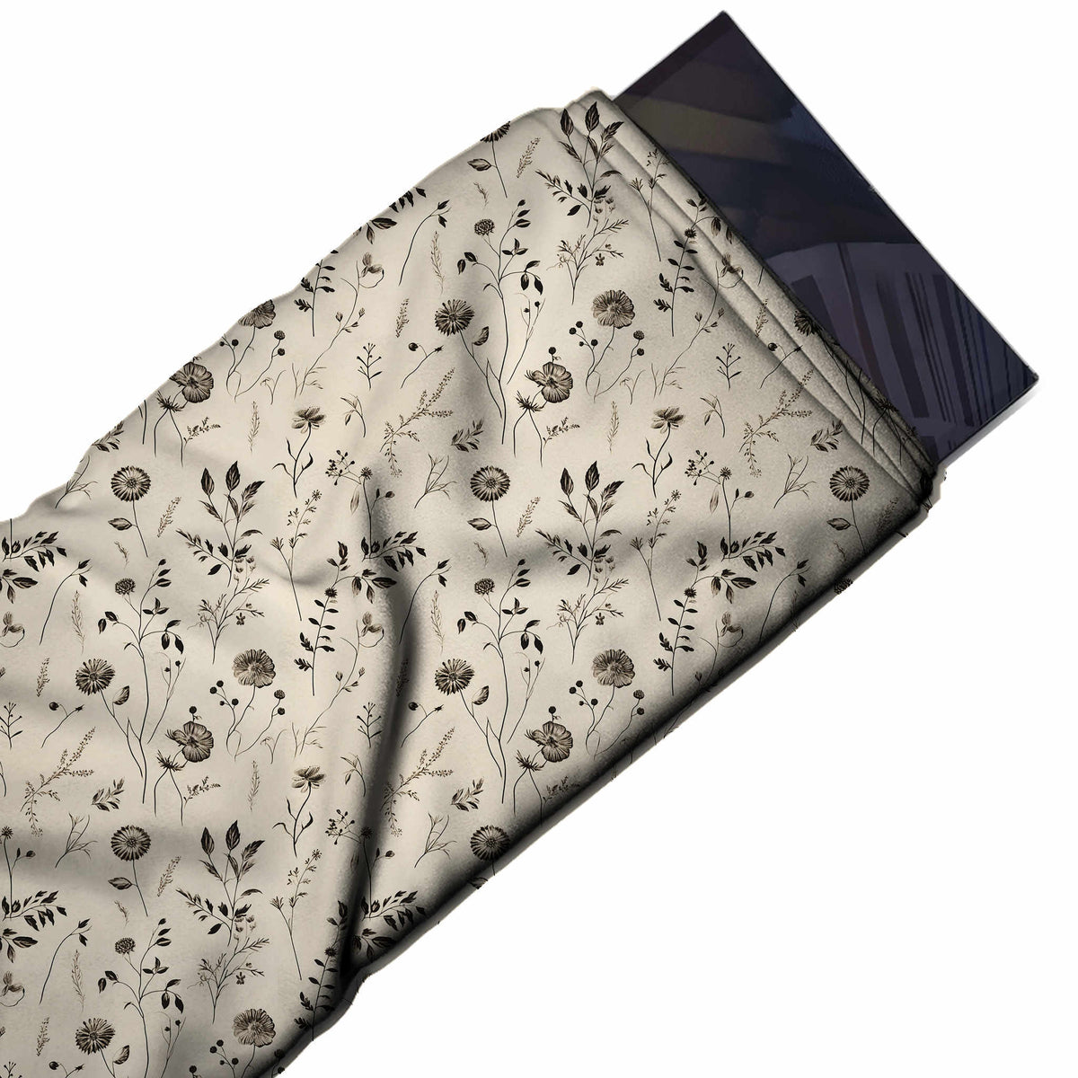 Flat fabric swatch: small-scale one-way meadow layout of fine dark brown line-drawn, design Design No_4143, Clothwala