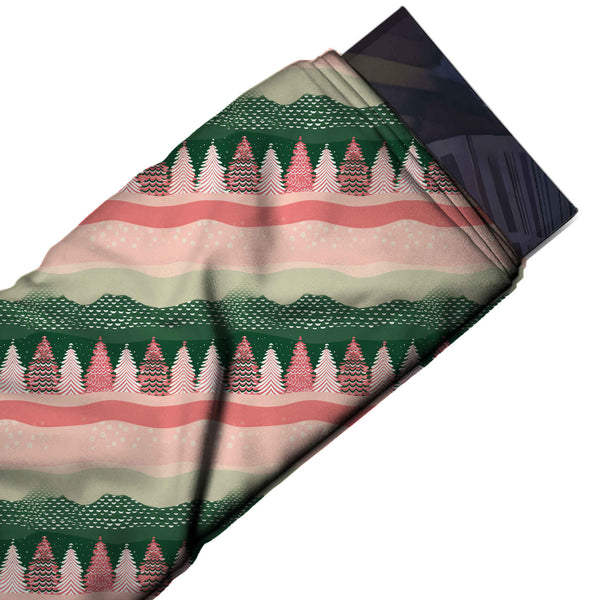 Pale Pink & Dark Green Christmas Tree Bands Printed Printed American Crepe Fabric Fabric