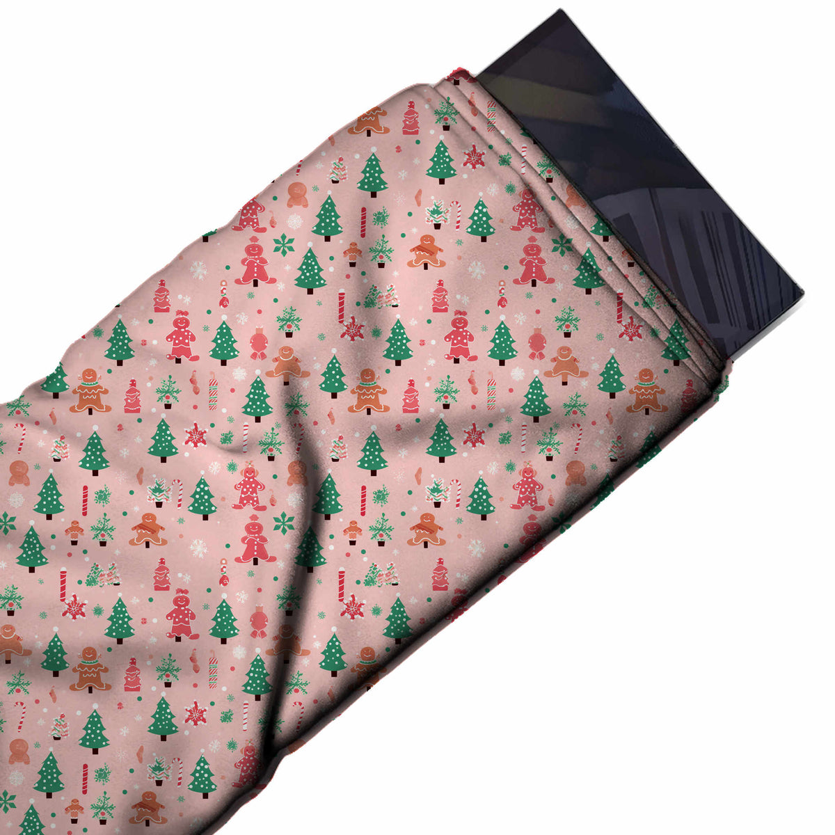 Flat fabric swatch: small-scale one-way festive scatter of emerald green fir trees with, design Design No_4897, Clothwala
