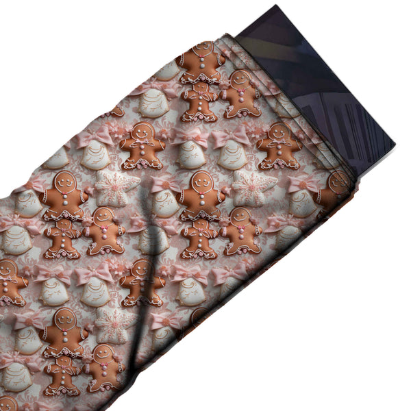 Pale Pink & Gingerbread Brown Men & Bells Printed Printed American Crepe Fabric Fabric