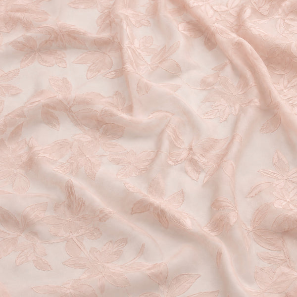 Pale Pink & Pale Pink Embroidered Leaves Print Fabric