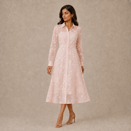 Pale Pink & Pale Pink Embroidered Leaves Print Fabric — design 1292GJ-RBPF/DS-181, Clothwala