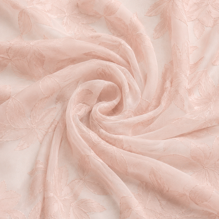 Pale Pink & Pale Pink Embroidered Leaves Print Fabric — design 1292GJ-RBPF/DS-181, Clothwala